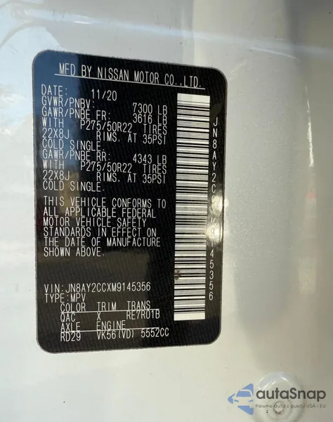 2021 Nissan Armada Platinum z USA, uszkodzony, nr VIN JN8AY2CCXM9145356